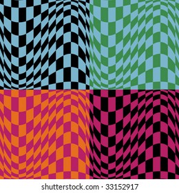 Seamless op art pattern #1 in four retro color combinations. 6-inch repeat.