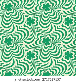 Padrão de Op Art sem costura com Shamrocks verdes giratórios e curvas abstratas. Groovy retro 60s, 70s padrão floral. Fundo de trevo sortudo. Dia de São Patrício padrão sem costura.