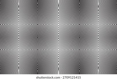 Nahtloser op-art Hintergrund mit hypnotischen symmetrischen Linien. Abstraktes geometrisches Vektormuster mit Moiré-Effekt für modernes Design, Abdeckungen und Poster.