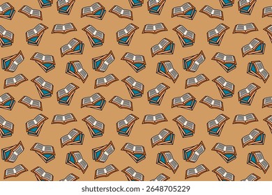 Seamless open book pattern with modern minimal quirky shapes, vibrant color, abstract school background, repetitive paper pages symbol, playful retro vibe for reading, learning growth and education co