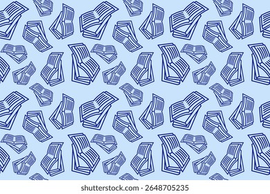 Seamless open book pattern with modern minimal quirky shapes, vibrant color, abstract school background, repetitive paper pages symbol, playful retro vibe for reading, learning growth and education co