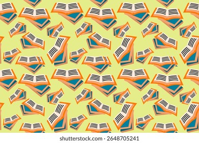 Seamless open book pattern with modern minimal quirky shapes, vibrant color, abstract school background, repetitive paper pages symbol, playful retro vibe for reading, learning growth and education co