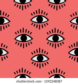 Seamless open eye pattern on subtle pink background. Repeating eye background. Vector Illustration