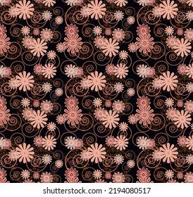 Seamless openwork abstract floral pattern on a dark background in the old Asian style. It can be used for wallpaper, pattern filling, web page background, surface textures, textiles. Vector