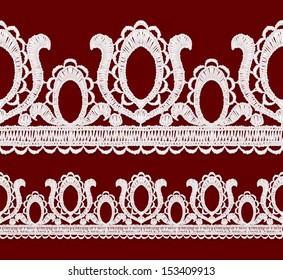 Seamless openwork lace border. Realistic vector illustration.
