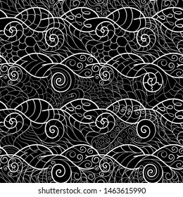 Seamless openwork lattice of stylized sea waves in black and white style