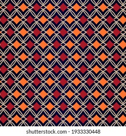 Seamless openwork pattern on a blue background. Vintage texture. Platinum lattice with red and orange rhombuses. Element design vector.