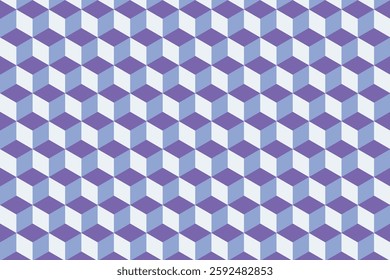 Seamless optical illusion pattern with 3D cubes in blue, white, and purple. Ideal for backgrounds, wallpapers, textiles, and modern graphic designs.