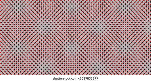 Seamless optical illusion pattern with red and black dots on a light gray background, creating a dynamic, geometric, and hypnotic visual effect.