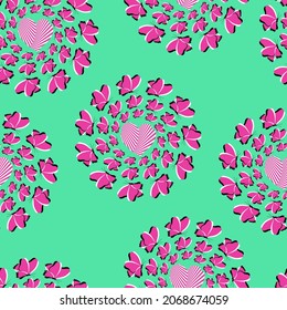 Ilusión óptica de rotación sin inconvenientes. Círculos con mariposas lilas voladoras y corazones rayados sobre fondo verde. Diseño gráfico para tela, ropa, diseño de moda, decoración casera. Vector.