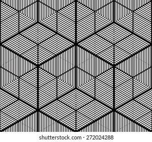 Seamless optical ornamental pattern with three-dimensional geometric figures. Intertwine black and white composition.