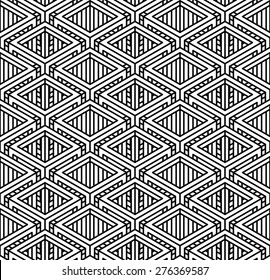 Seamless optical ornamental pattern with three-dimensional geometric figures. Intertwine black and white composition.