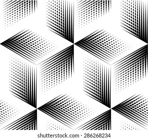 Seamless optical ornamental pattern with three-dimensional geometric figures. Intertwine black and white composition.