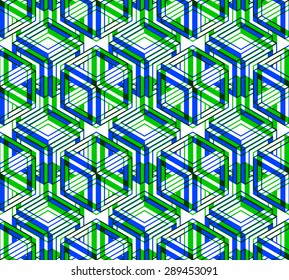 Seamless optical ornamental pattern with three-dimensional geometric figures. Intertwine colored EPS10 composition.