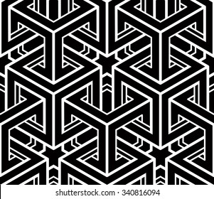 Seamless optical ornamental pattern with three-dimensional geometric figures. Intertwine black and white wallpaper.