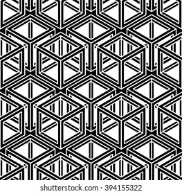 Seamless optical ornamental pattern with three-dimensional geometric figures. Intertwine black and white composition.