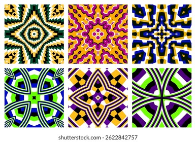 Seamless optical tile patterns in psychedelic and kaleidoscopic style. Great for textile prints, backgrounds, and digital packaging design.