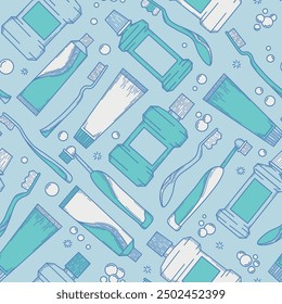 Patrón de higiene oral sin fisuras, estilo monoline, Vector gráfico, pasta de dientes y cepillo de dientes, enjuague bucal, cepillo eléctrico y burbujas