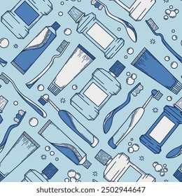 Seamless oral hygiene pattern, monoline style, vector graphics, toothpaste and toothbrush, mouthwash, electric brush and bubbles
