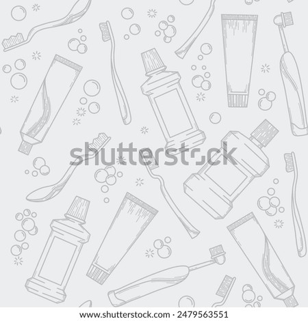 Seamless oral hygiene pattern, monoline style, vector graphics, toothpaste and toothbrush, mouthwash, electric brush and bubbles