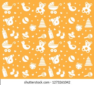 Seamless orange  baby pattern with pram, baby toys, nipples, milk bottle and baby clothes