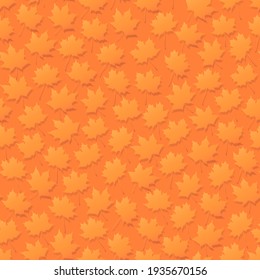 Seamless orange background with autumn maple leaves with shadows on flat.