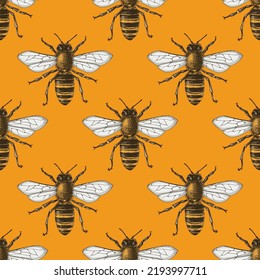 Seamless orange background with bees.