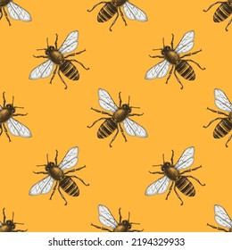 Seamless orange background with bees.