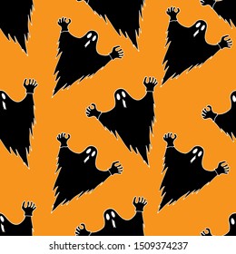 Seamless orange background, flying ghosts, hand-drawn, cartoon sketch. Minimal concept. Holiday design for invitations and greetings, vector illustration
