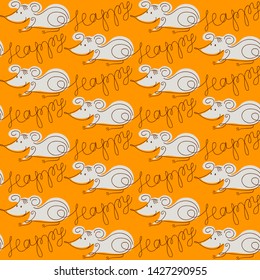 seamless orange background with a funny rats as symbols of 2020 according to the Chinese calendar and the word happiness