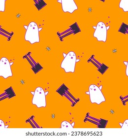 Seamless orange background for Halloween. Pattern with witch legs, ghosts, eyes in naive style. Intimidation. Haloween illustration in orange and purple tones. 