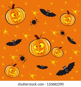 Seamless orange background for Halloween with pumpkins and bats