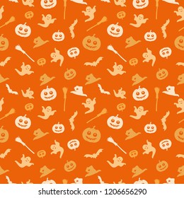 Seamless orange background with a Halloween theme. The background shows a pumpkin, a broom, a witch's cap, a ghost and a bat.