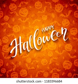 Seamless orange background with holiday icons, pumpkins, bats and spiders. Lettering Happy Halloween, illustration.