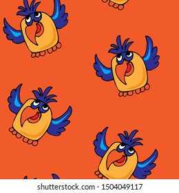 Seamless orange background with a parrot. Cartoon, flat style hand drawn. Design for wrapping paper, fabric, wallpaper. Vector illustration.