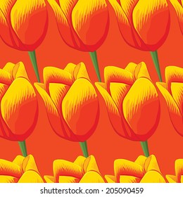 Seamless orange background with red tulips