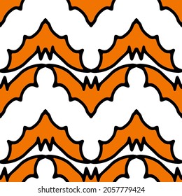 seamless orange bat pattern on for Halloween. horizontal pattern of a hovering bat with pointed orange ears, black outline drawn in the style of doodles on a white background for a design template