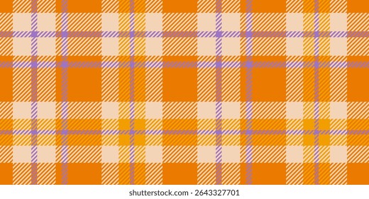 Seamless Orange and Beige Plaid Pattern with Purple Stripes for Classic Checkered Textile Designs, Fashion, and Cozy Decorative Backgrounds