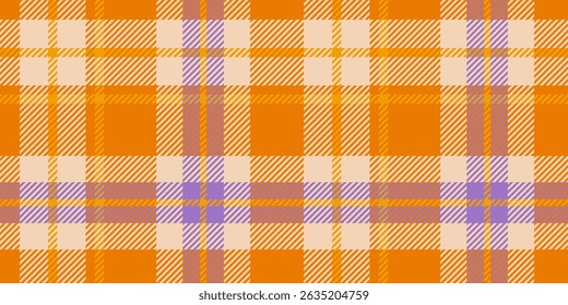 Seamless orange, beige, and purple plaid pattern with bold diagonal striped details. Geometric textile design for backgrounds and print
