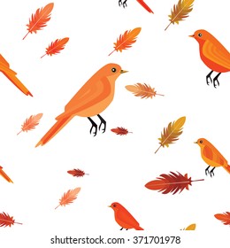 Seamless orange birds pattern. Orange birds and orange feathers.