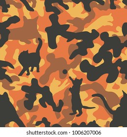 Seamless orange and black camo with cat silhouettes incorporated pattern vector