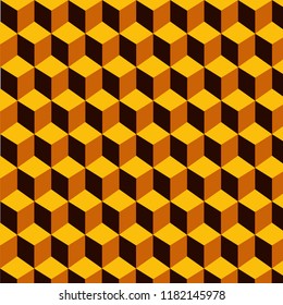 Seamless orange  black and  isometric cubes optical illusion hexagons pattern vector