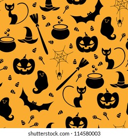 Seamless orange and black pattern with Halloween elements include in cat, ghost, spider and pumpkin. Vector illustration