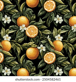 Nahtloses orangefarbenes und orangefarbenes Blütenmuster auf schwarzem Hintergrund, mit lebendigen Zitrusfrüchten und zarten weißen Blüten. Dieses Design ist perfekt für anspruchsvolle Projekte, die von der Natur inspiriert wurden.