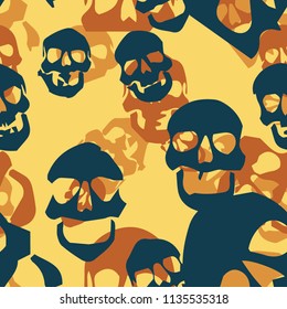 Seamless orange and blue military fashion human skulls camouflage pattern vector