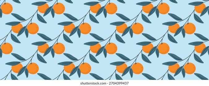Seamless Orange Branch Pattern with Green Leaves on Light Blue Background
