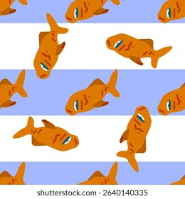 Seamless Orange Cartoon Fish Pattern. Seamless pattern with stylized orange fish on striped blue and white background. Flat cartoon style with playful aquatic mood.