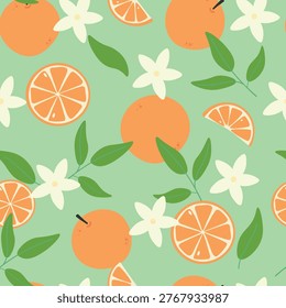  Seamless Orange Citrus Pattern with Leaves and Blossoms – Fresh Summer Fruit Background