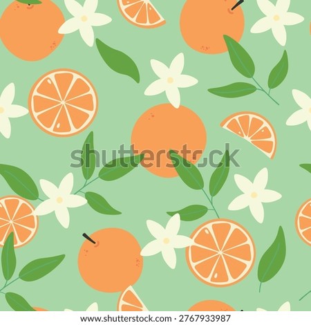  Seamless Orange Citrus Pattern with Leaves and Blossoms – Fresh Summer Fruit Background