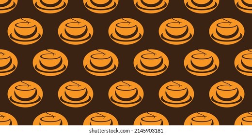 Seamless Orange Coffee Cup or Soup Bowl Icons Pattern on Wide Scale Brown Background - Design Template in Editable Vector Format